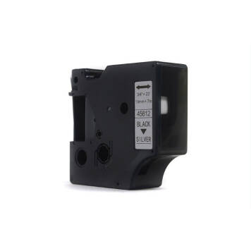 Zamiennik taśmy Dymo D1 45812 nadruk czarny na srebrnym tle 19mm x 7m