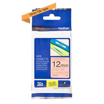 Taśma Brother TZe-B31 nadruk czarny na pomarańczowym fluorescencyjnym tle 12mm x 5m