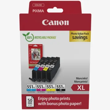 Canon 6443B008 Photo Value Pack CLI-551XL BK/C/M/Y + papier PP-201 10x15cm 50 ark.