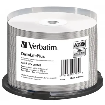 Verbatim CD-R AZO DataLifePlus Wide Inkjet Printable 52x 700MB 50 szt Spindle - 43745