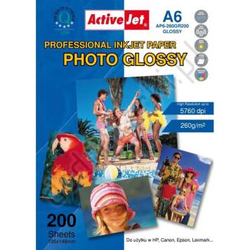 AP6-260GR200 Activejet Papier fotograficzny błyszczący żywicą powlekany A6 200szt 260g